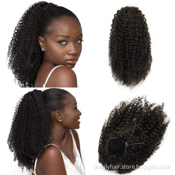 Drop Shipping Afro Kinky Curly Human Hair Extensions Drawstring Ponytail Natural Warp Around Drawstring Ponytail Clip In Hair
